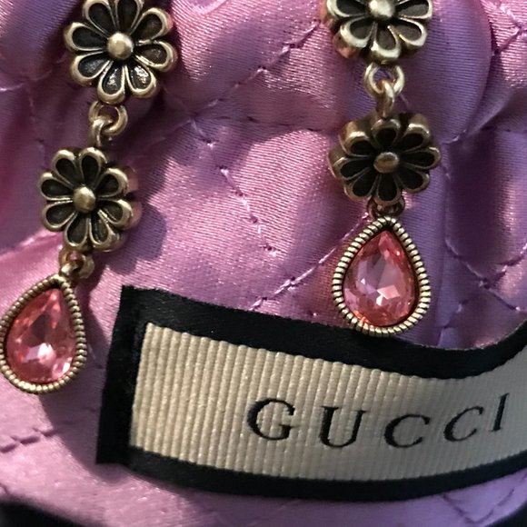 Gucci GG Marmont Pink Daisy Drop Earrings Silver 925 Aged Gold Finish GORGEOUS! - Picture 14 of 16